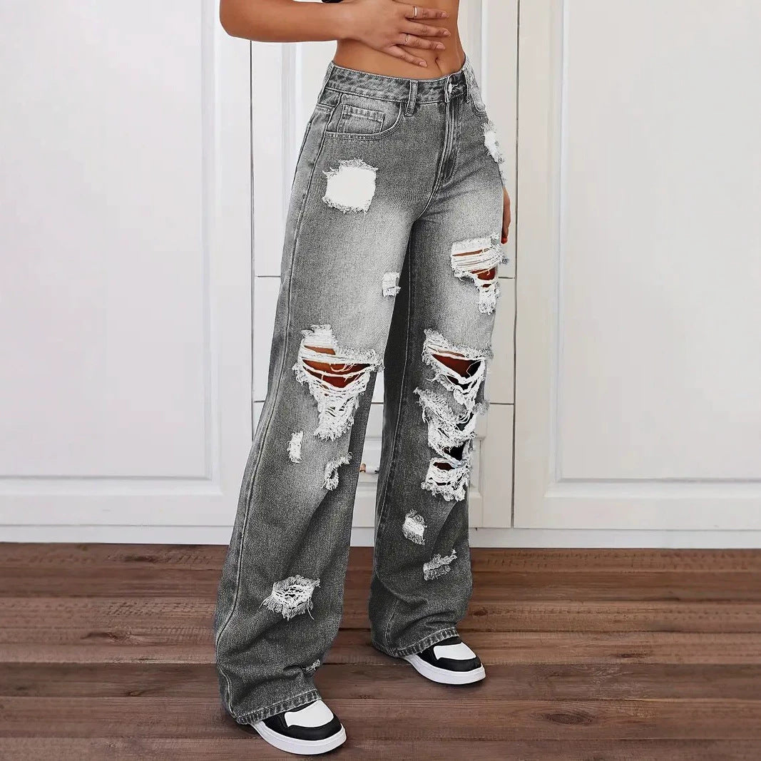 Ripped Jeans Washed HW Straight All Matching Loose Denim