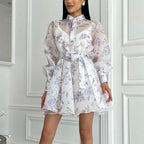 Elegant Stand Collar Long Sleeve Lace Printing A line Cami