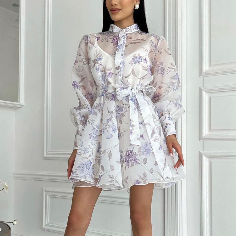 Elegant Stand Collar Long Sleeve Lace Printing A line Cami