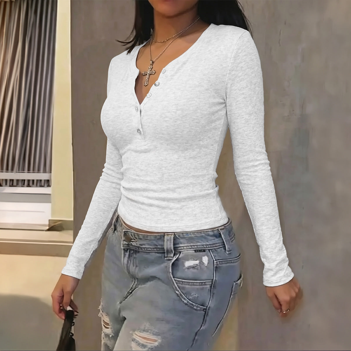 Women Clothing Summer Casual Solid Color Henry Collar Breasted Long Sleeve Top