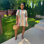 Stripes Stitching Pocket Short Sleeve Dress