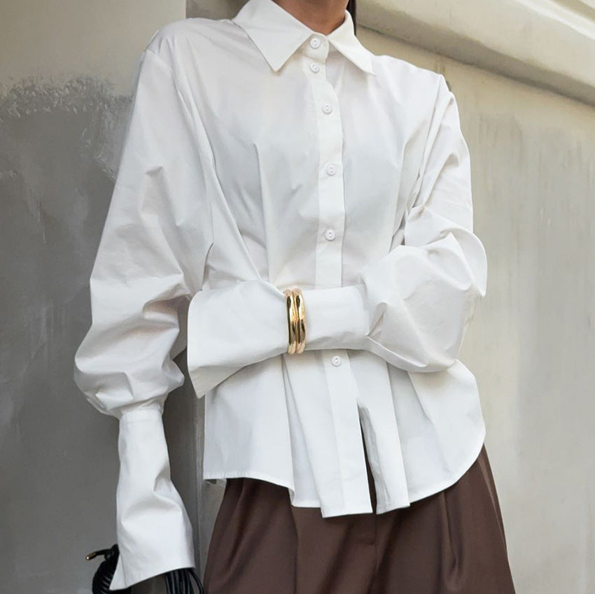 Women's Luxury Pleat Waisted Slim-Fit Long-Sleeved Collared Shirt