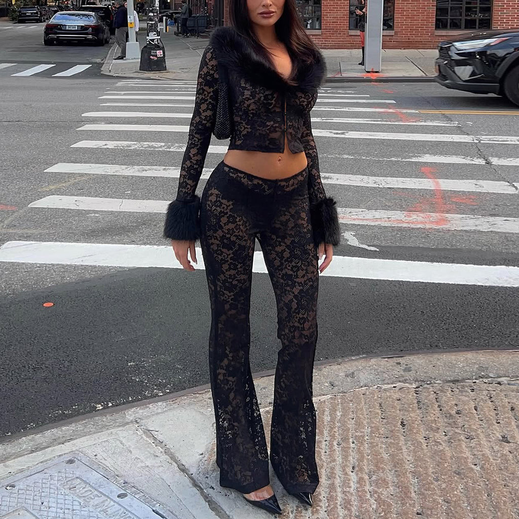 Autumn Winter Women's Fur Collar Long Sleeve Printed Lace Cropped See