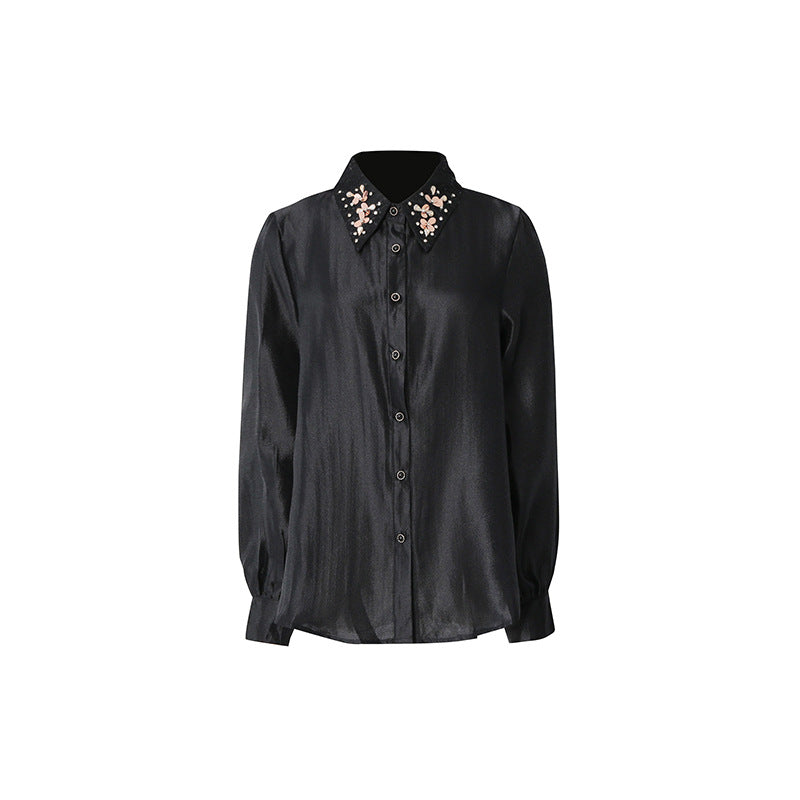 Women's Casual Loose Diamond-Studded Design Shirt For Women Spring Lazy Long Sleeve Top