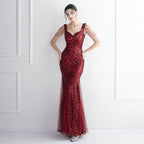 Women's Sequin Mesh Beaded Party Dress Long Cocktail Slim Fit Evening