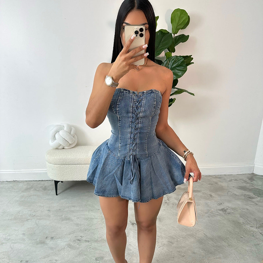 Women's Strapless Ruffle Denim Mini Dress
