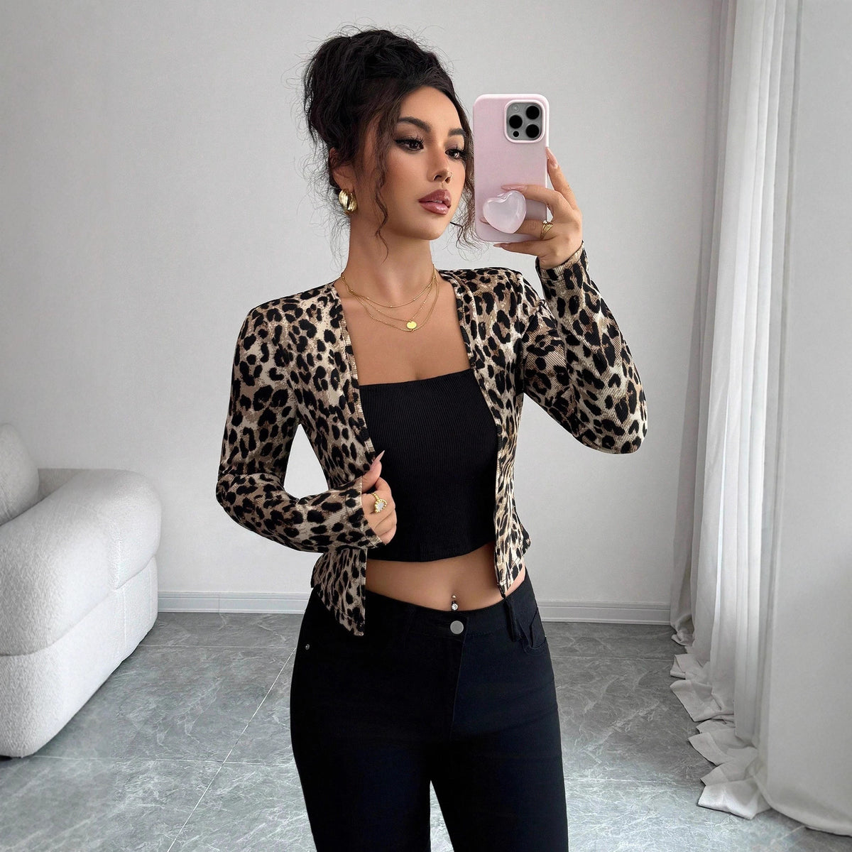 Leopard Contrast Faux Two-Piece Cardigan Top