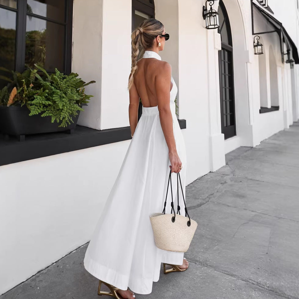 White Cotton Halter Backless Maxi Dress
