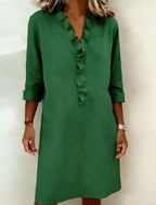 Women's cotton long-sleeve dress, green, V-neck ruffle button placket