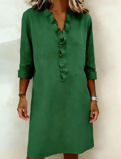 Women's cotton long-sleeve dress, green, V-neck ruffle button placket