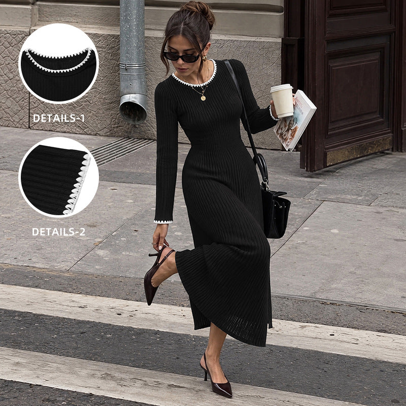 Contrast Color Round Neck Sunken Stripe Medium Long Dress