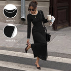 Contrast Color Round Neck Sunken Stripe Medium Long Dress