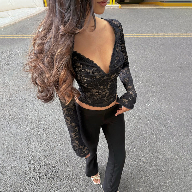 Women’s Black Sheer Lace V Neck Long Sleeve Top