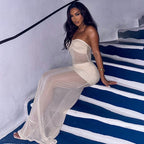 Mesh Stitching Dress Summer Off-Neck Strapless