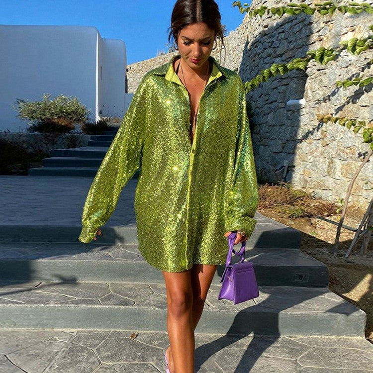 Women's Sequin Long Sleeve Loose Mid Length Sequined Shirt