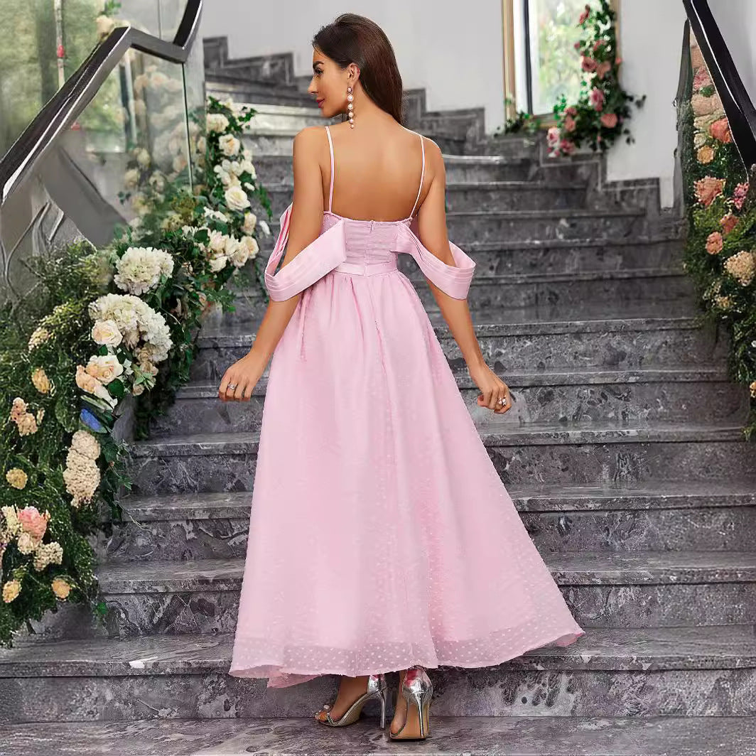 Women's Pink Jacquard Spaghetti Strap Formal Dress