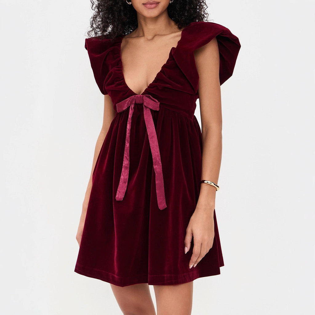 Velvet V-Neck Bow A-Line Mini Dress