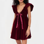 Velvet V-Neck Bow A-Line Mini Dress
