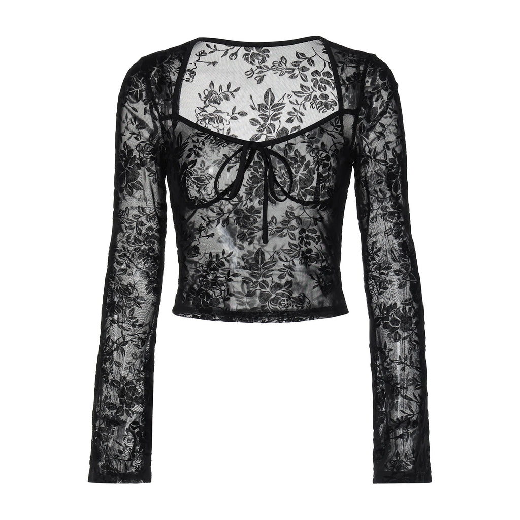 Women's Sheer Mesh Tie Detail V-Neck Top