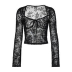 Women's Sheer Mesh Tie Detail V-Neck Top
