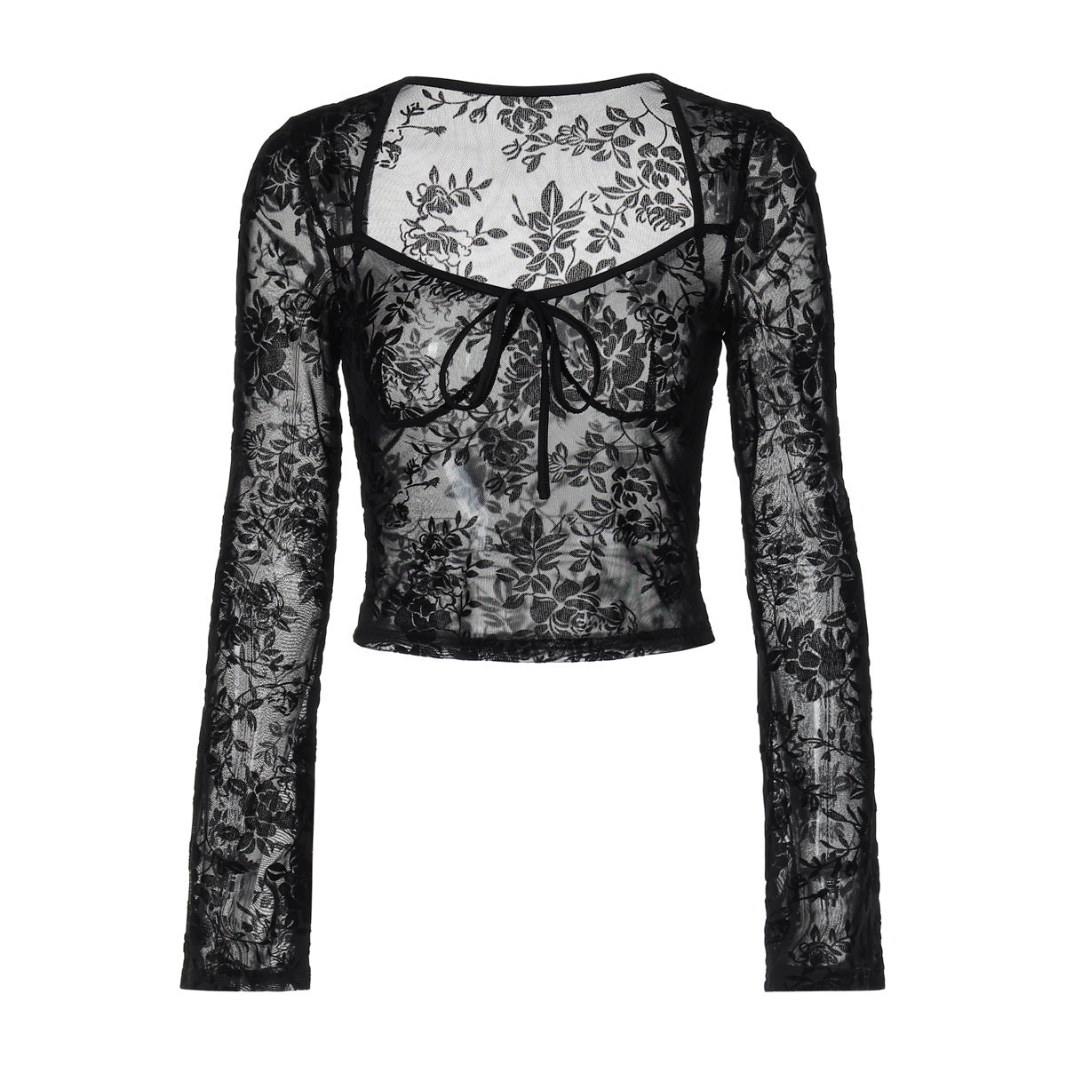 Women's Sheer Mesh Tie Detail V-Neck Top