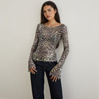 Women's Sexy Leopard Print Mesh T Shirt Autumn Slim Fit All Matching Long Sleeve Top