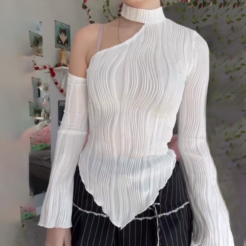 Women's Strip Street Long Sleeve Diagonal Collar Halterneck T-Shirt
