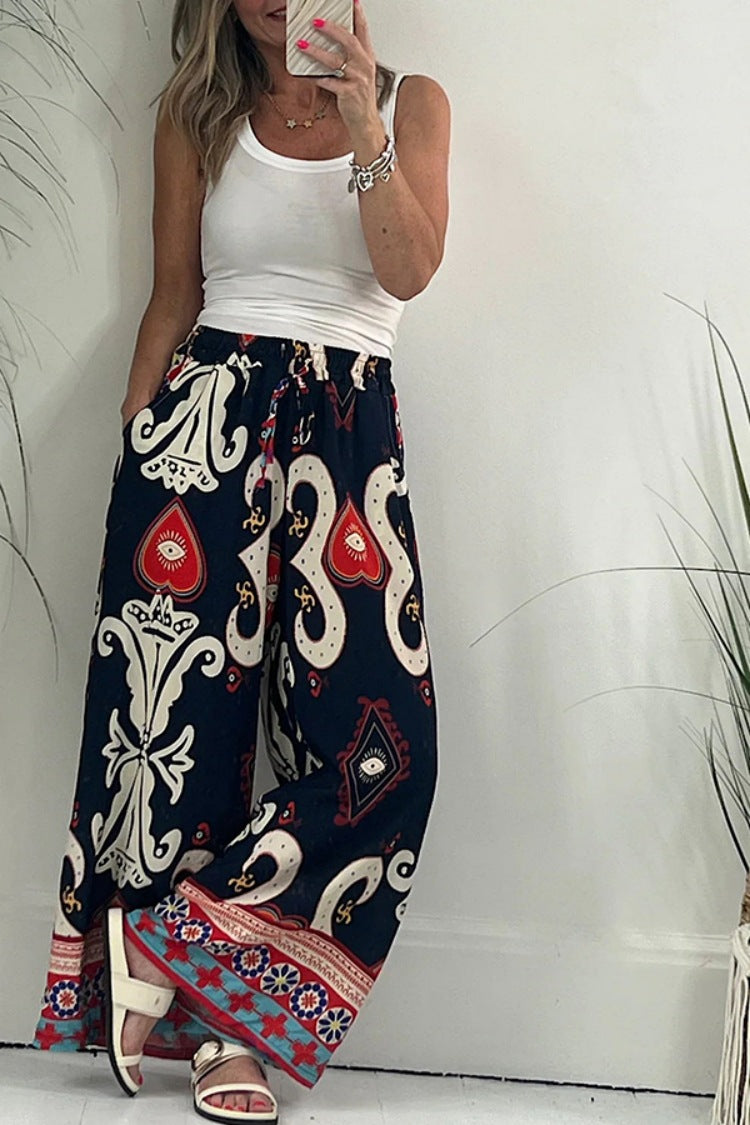 Printed Pocket Casual Loose Wide Leg Pants Thin Trousers