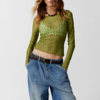 Women’s Black Sheer Lace Crew Neck Short Top