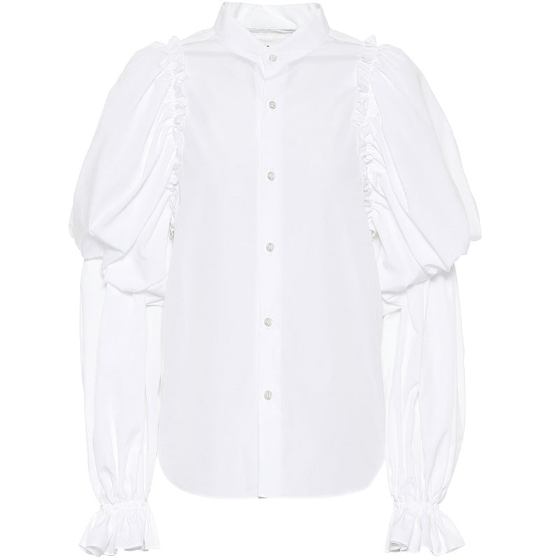Women's Shirt Women Long Sleeve Lantern Sleeve Women Shirt White Stand Collar