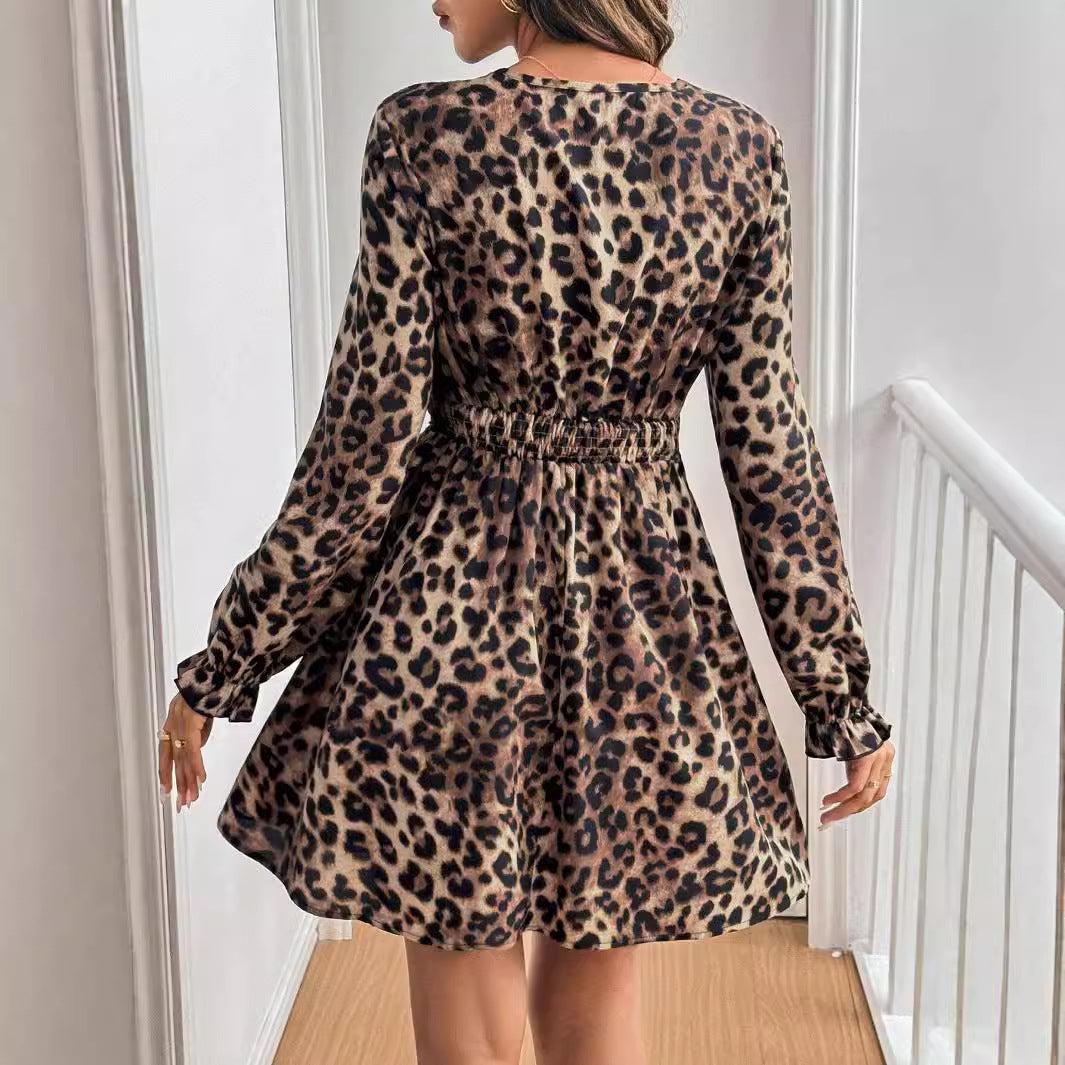 Leopard Lace Patchwork Long-Sleeve Dress