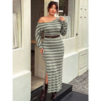 Plus Size Idle Dress Striped off the Shoulder Knitted Dress Slim Fit Slit Long Woolen Sheath Dress