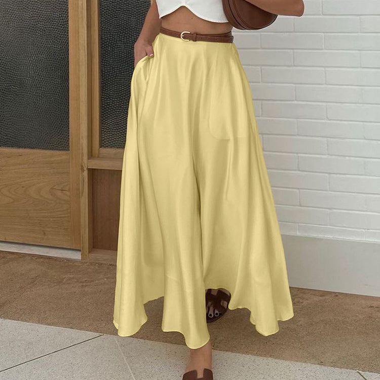 Satin Draping Yellow Skirt Spring Summer Simple Pocket High Waist