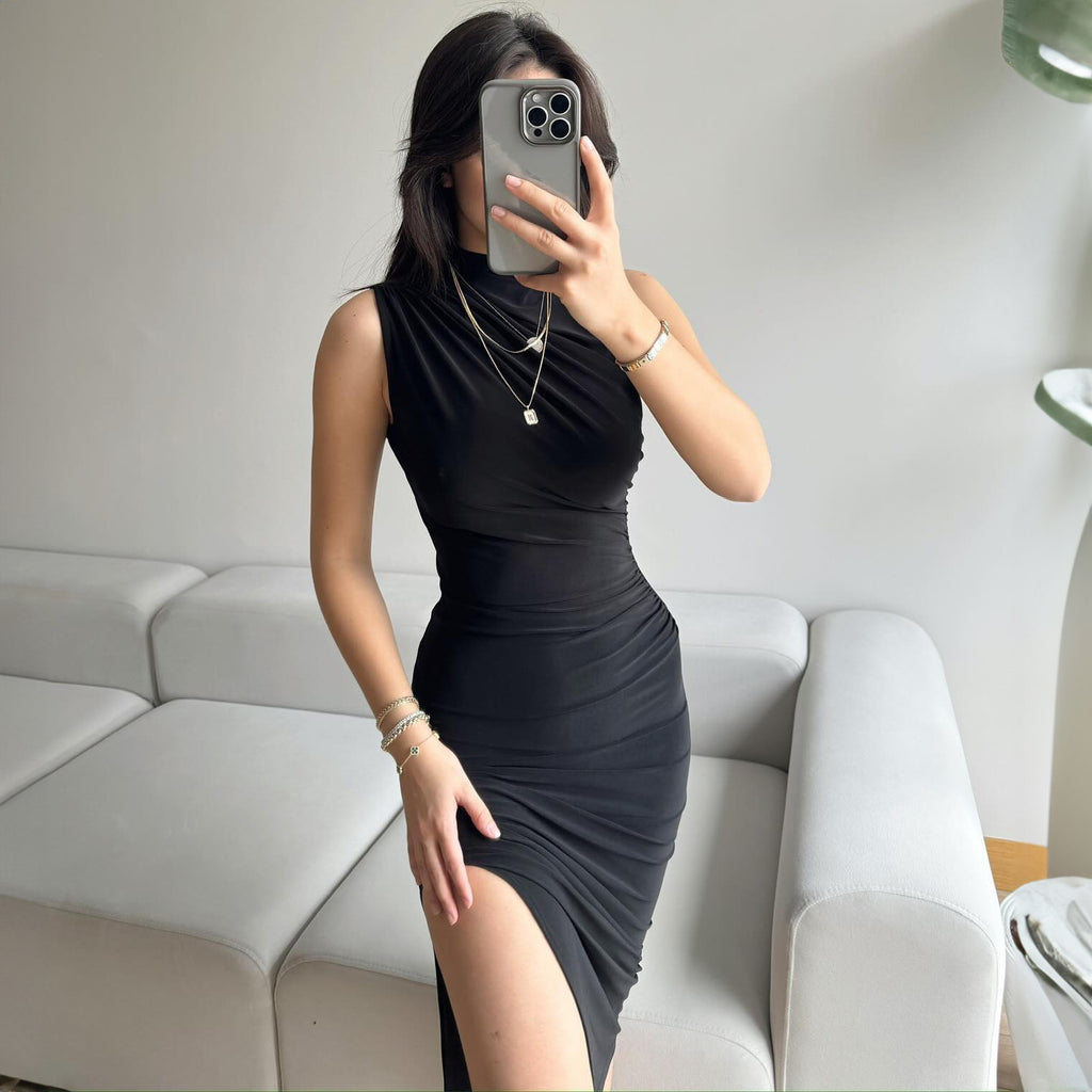 Summer Solid Color Split High Waist Slim Sleeveless Long Dress