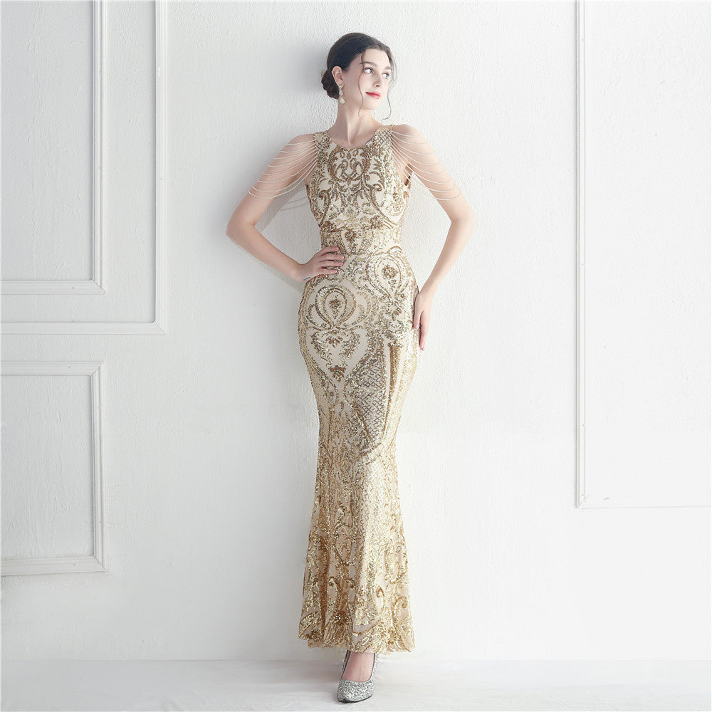 Women's Beaded Floral Sequin Star Wedding Prom Maxi Dress
