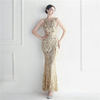 Women's Beaded Floral Sequin Star Wedding Prom Maxi Dress