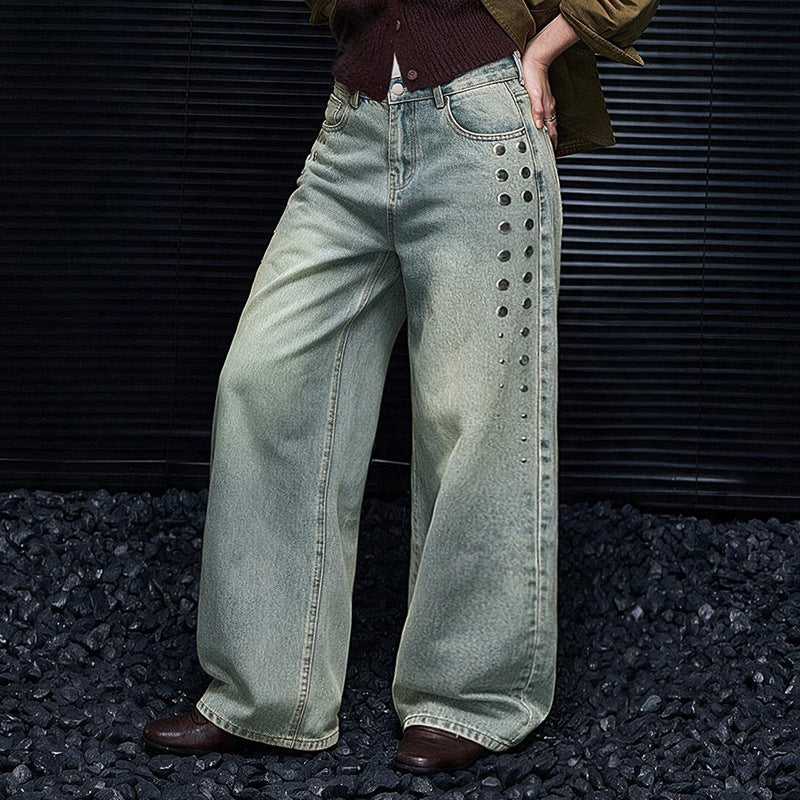 Women's Decorative Rivets Jeans Women Autumn High Waist Wide Leg Pants Retro Worn Looking Washed Out Loose Mop Long
