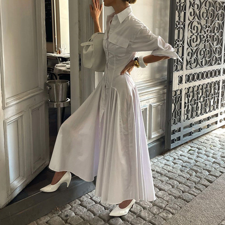Design Pleated Single Breasted Shirt Dress Autumn Polo Collar Long Sleeve High Waist White Long Dress