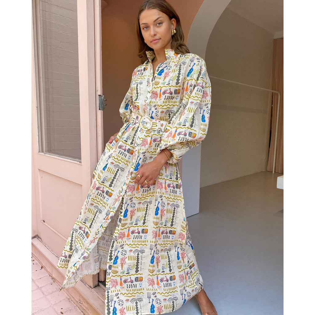 Printed Collared Belted Long-Sleeve A-Line Maxi Dress