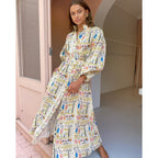 Printed Collared Belted Long-Sleeve A-Line Maxi Dress