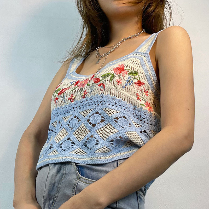 Women's Street Ethnic Vest Embroidery Needle Hollow Out Cutout Woven Camisole Short Slim Top
