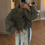Women's Street Pleating Niche French Top Women Clothing Collared Puff Sleeve All Match Cardigan Shirt