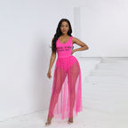 Pink sleeveless summer dress with sparkly beaded bust and sheer skirt