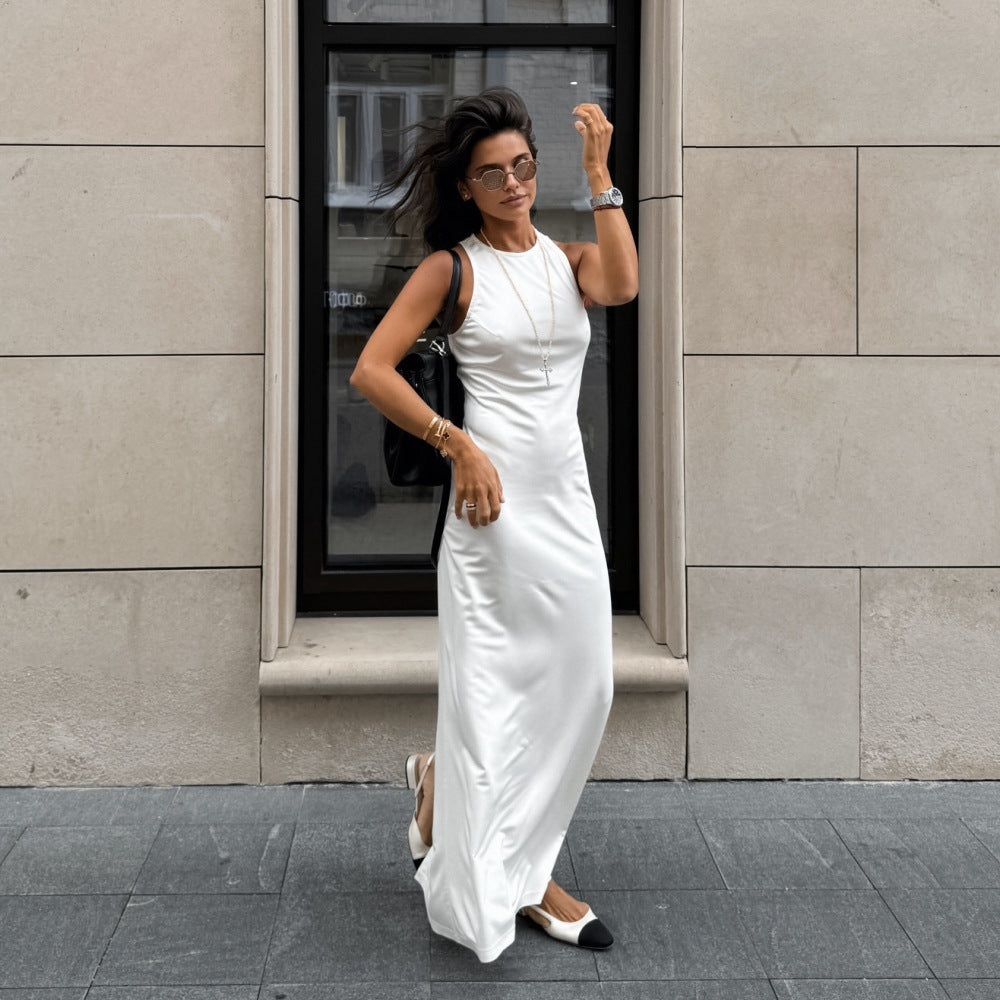 White Round-Neck Split Dress