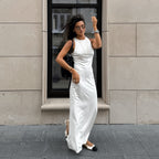 White Round-Neck Split Dress