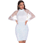Women's Crew-Neck Floral Sequin Embroidered Long-Sleeve Dress