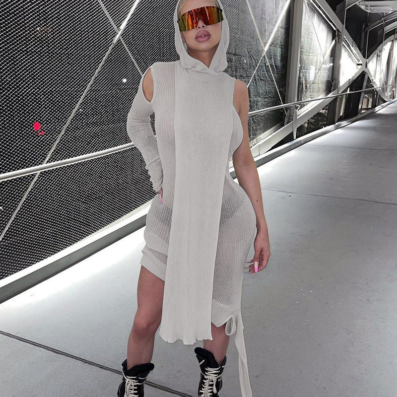 Women's Hooded Cutout Long-Sleeve Asymmetric Dress