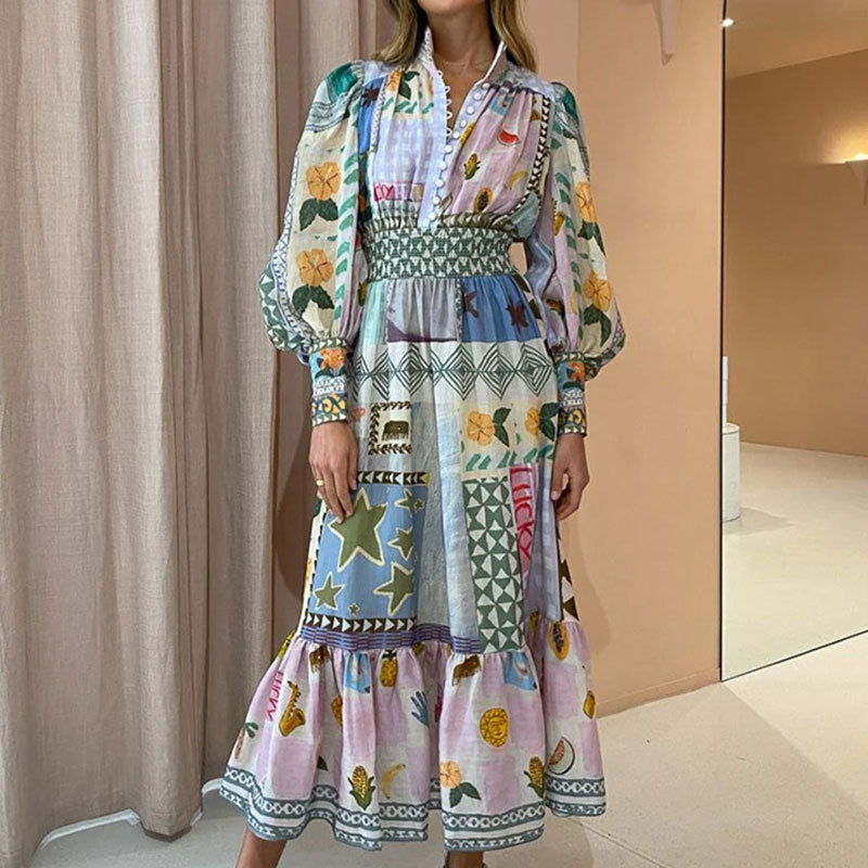 's Summer Office Printing Painted Long Sleeve Casual Dress