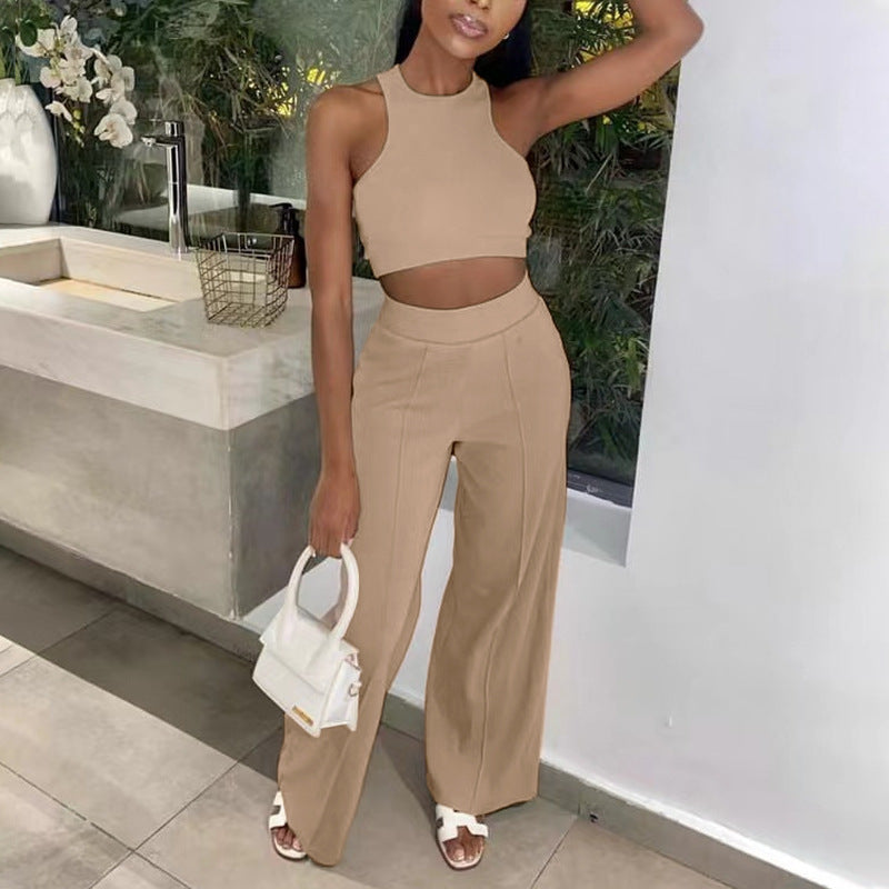 Summer Pants Suit Solid Color Office Sleeveless Vest Casual Two-Piece Set