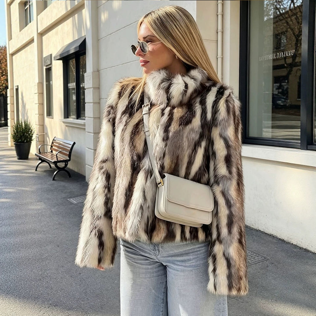 's Artificial Fur Jacket Autumn Winter Black White Top Fuzzy Coats